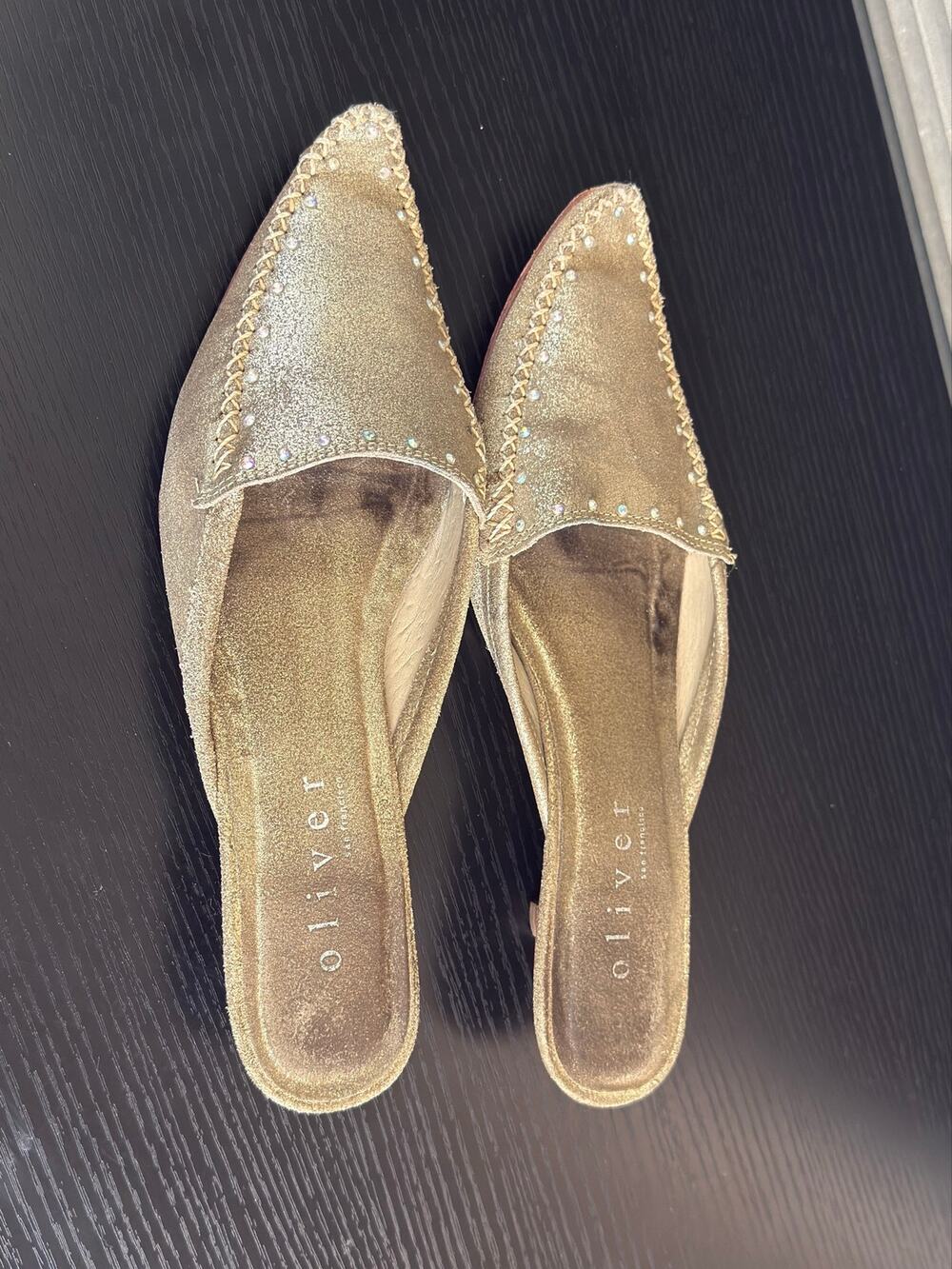 Oliver Addie Khaki Metallic Gold Leather Kitten Heel Mules Size 8 Pointed Toe